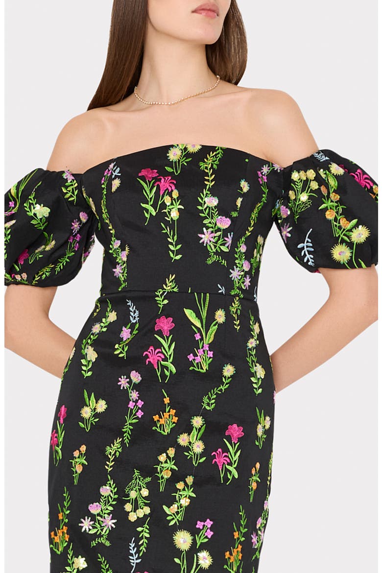 Nira Bloom Embroidered Off the Shoulder Gown, Alternate, color, BLACK MULT