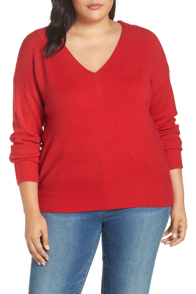 Fluffy Deep V-Neck Pullover, Main, color, RED LIPSTICK