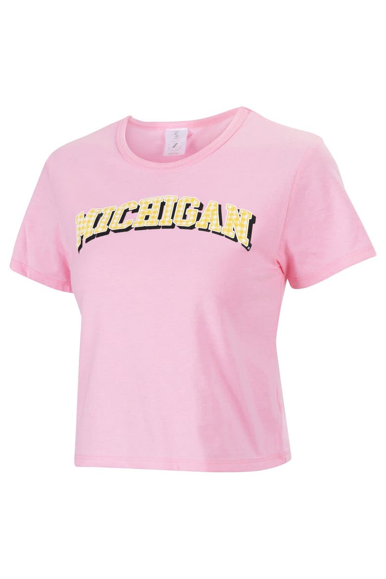 Women's ZooZatz Pink Michigan Wolverines Gingham Logo Cropped T-Shirt, Alternate, color, Pink