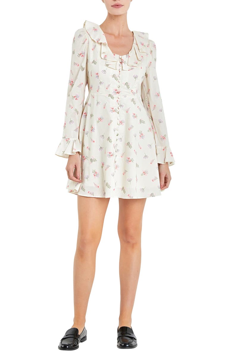English Factory Floral Ruffle Button Front Long Sleeve Minidress, Main, color, Ivory