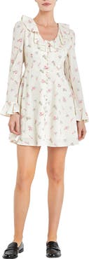 English Factory Floral Ruffle Button Front Long Sleeve Minidress