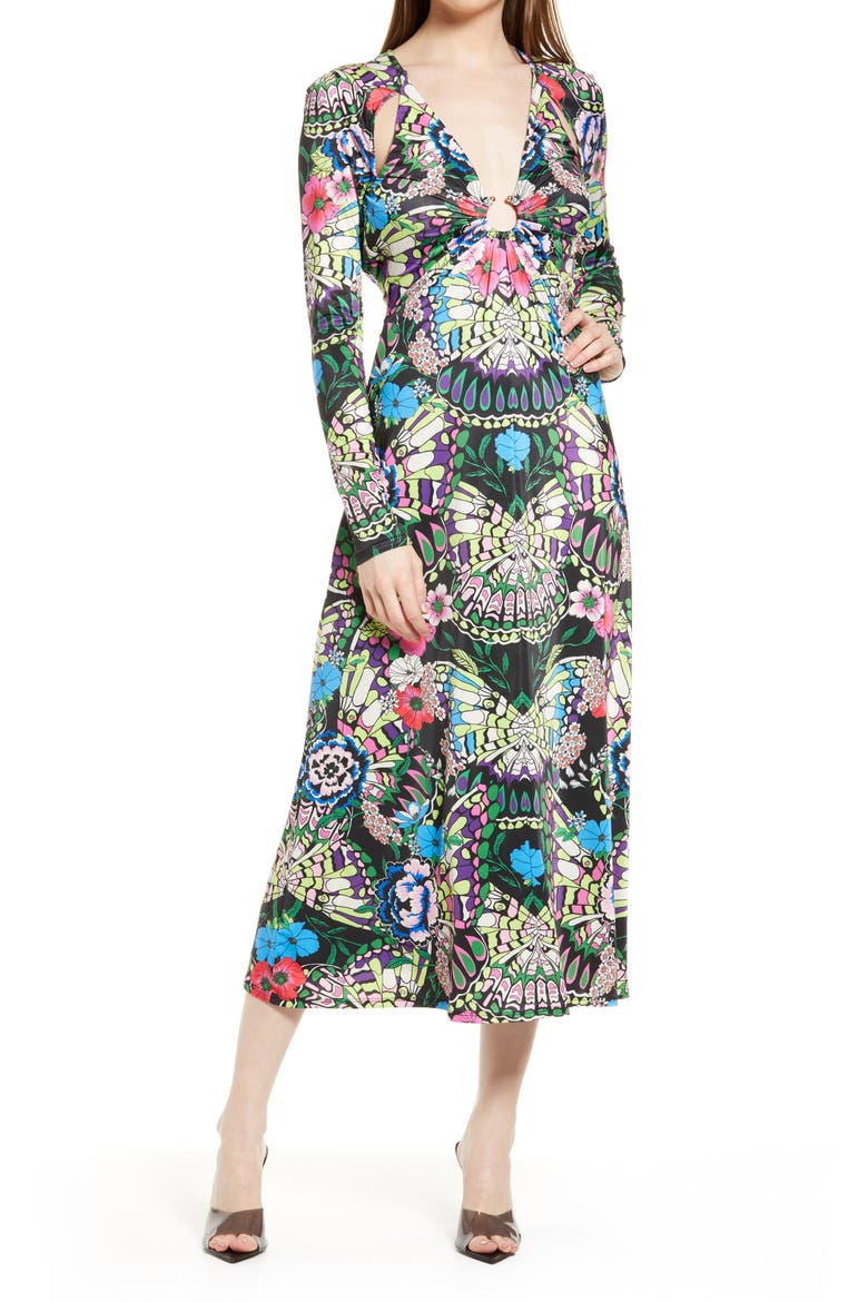 Meena Floral Long Sleeve Plunge Neck Dress, Main, color, PLACEMENT BUTTERFLY