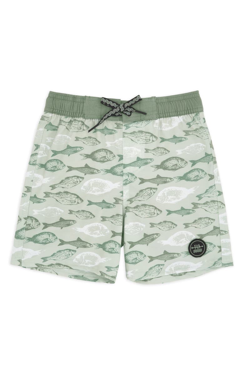 Feather 4 Arrow Kids' Classic Fish Print Board Shorts, Main, color, Sage