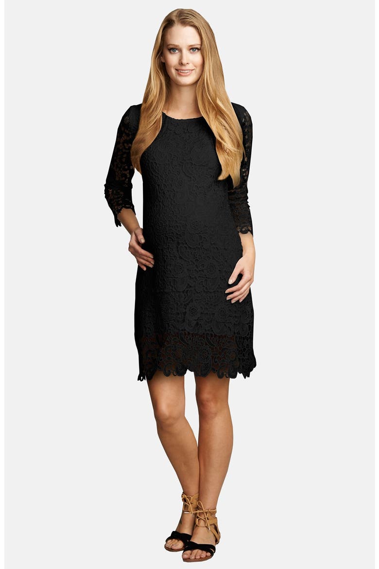 UrbanMA Crochet Maternity Shift Dress, Main, color, BLACK