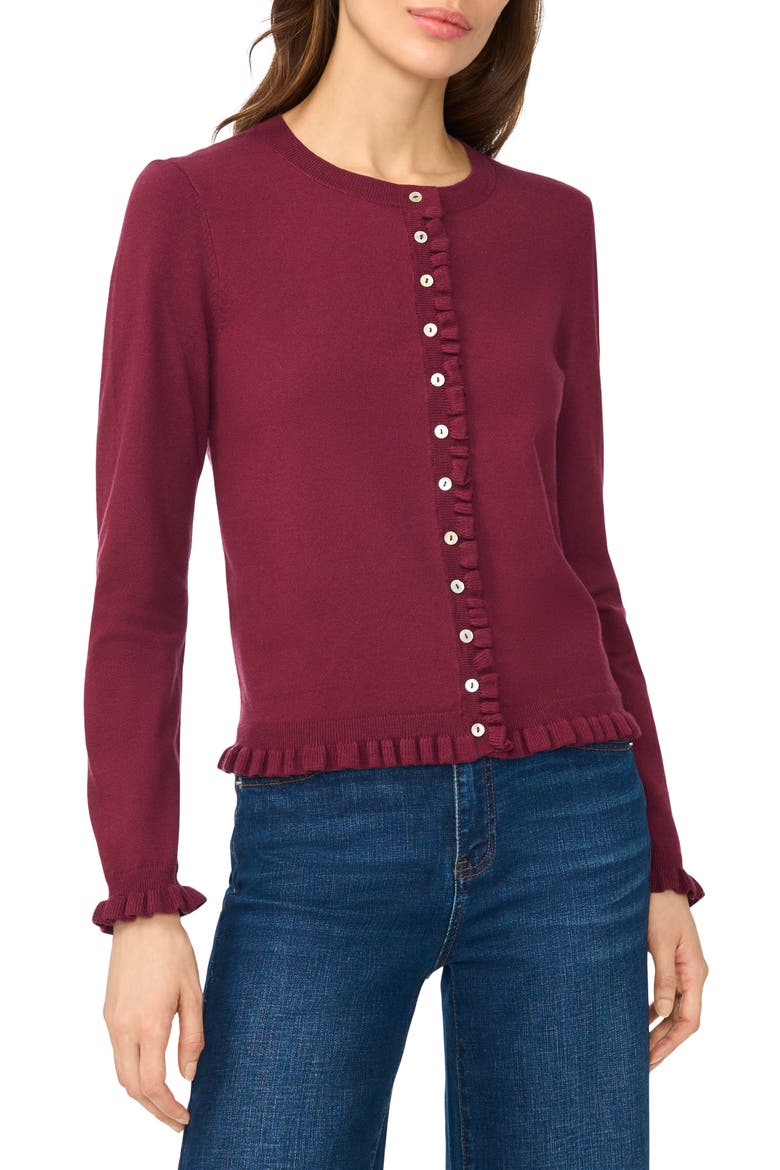 Ruffle Trim Cardigan, Main, color, CRISP MERLOT