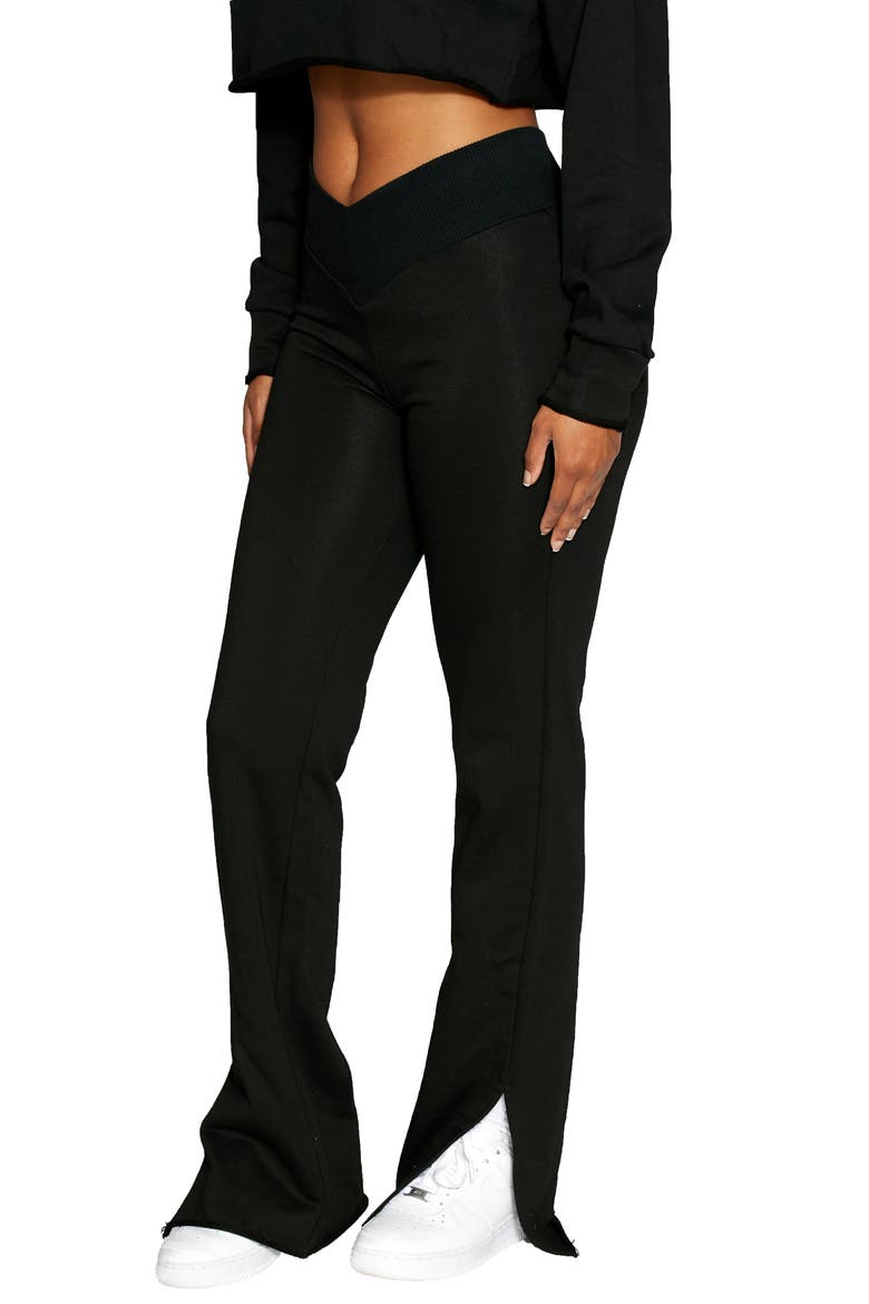 V-Cut Side Slit Cotton Blend Pants, Alternate, color, BLACK