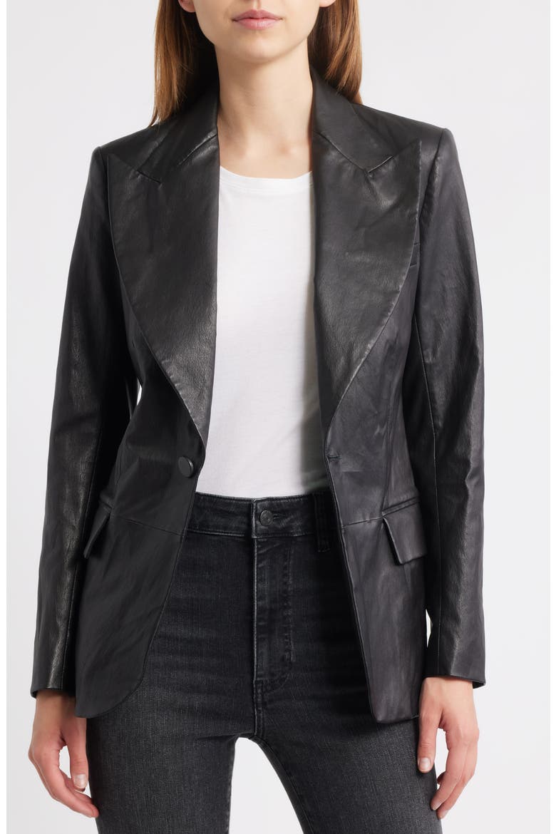 The Peak Lapel Leather Blazer, Alternate, color, BLACK