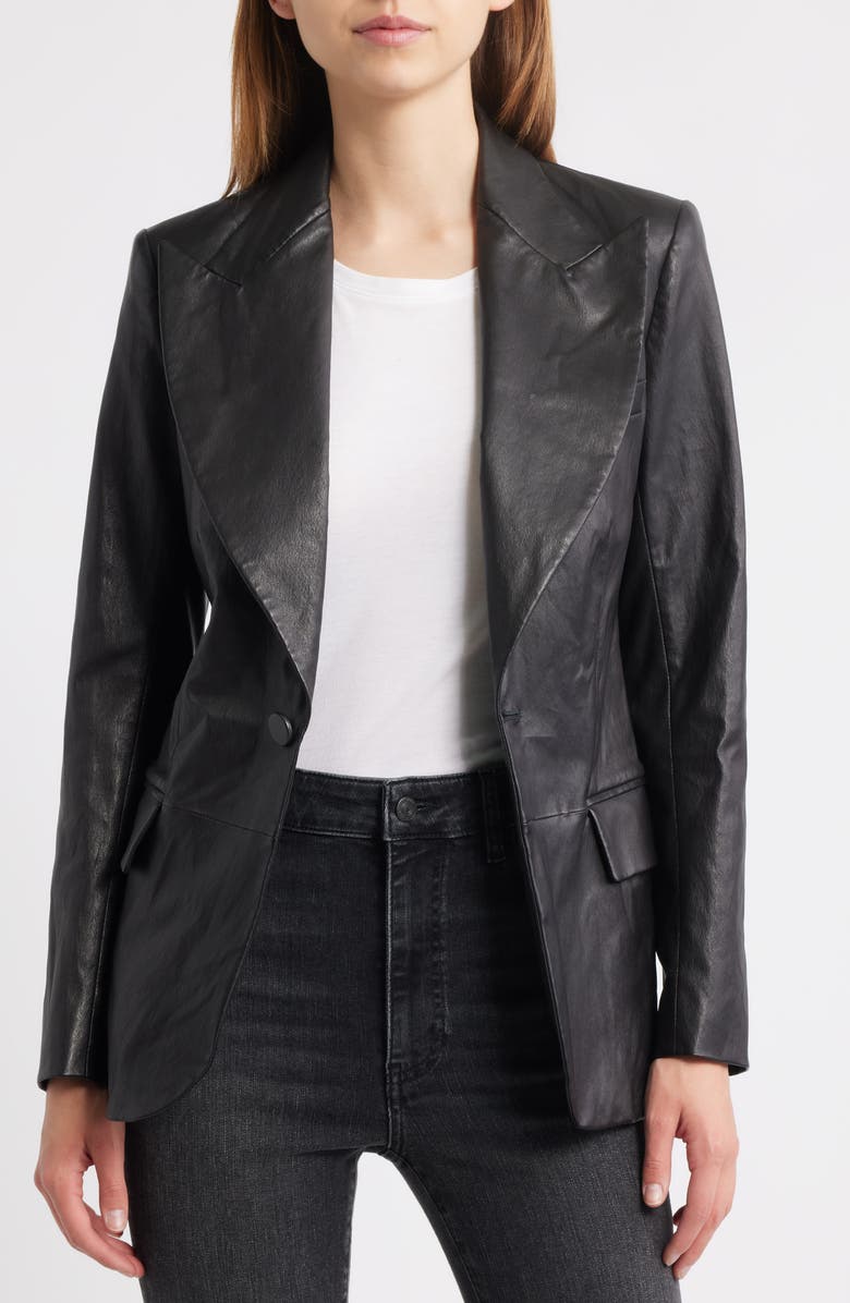 FRAME The Peak Lapel Leather Blazer, Alternate, color, Black