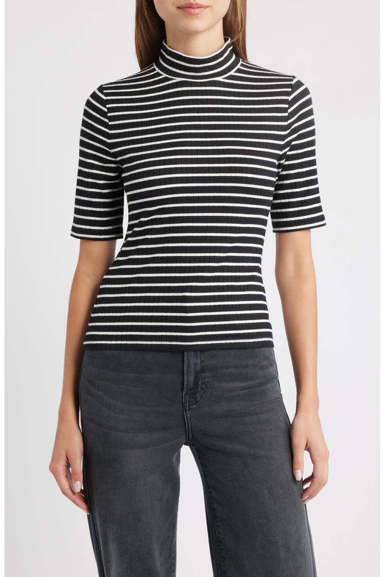 The Knit Stripe Rib Mock Neck T-Shirt, Main, color, BLKMT