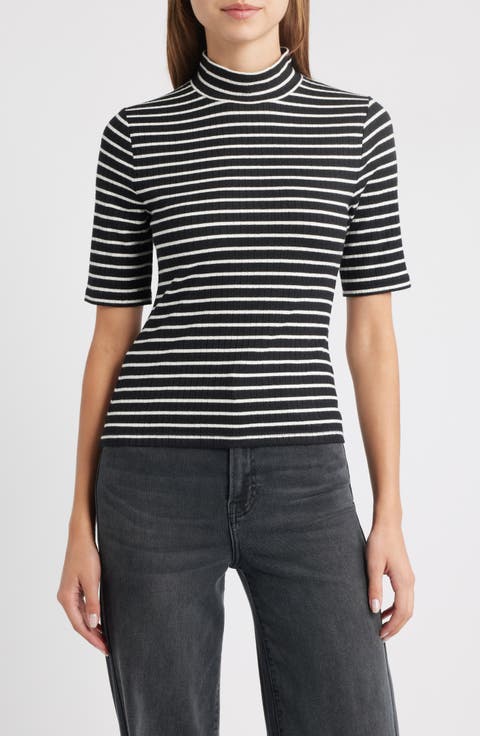 The Knit Stripe Rib Mock Neck T-Shirt