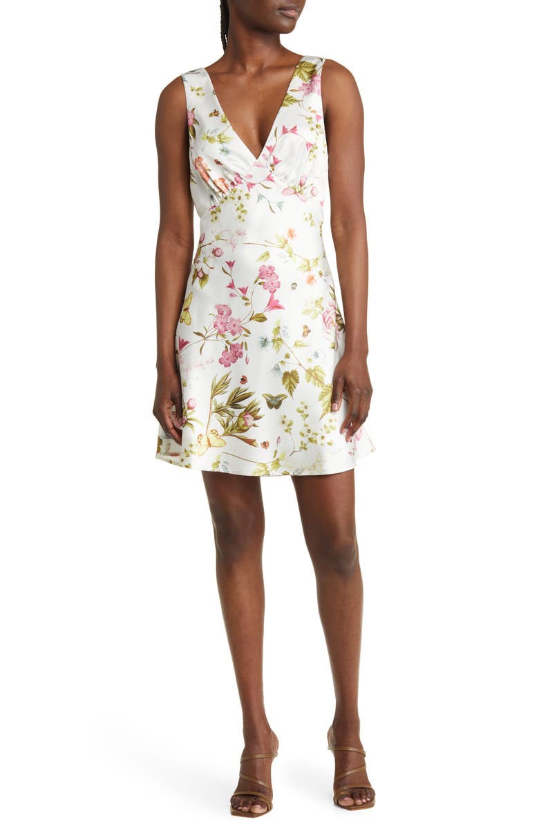 FLORET STUDIOS Floral Empire Waist Satin Minidress, Main, color, 