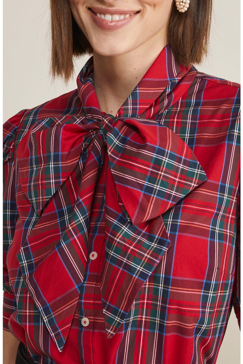 Plaid Bow Neck Stretch Cotton Poplin Button-Up Shirt, Alternate, color, ROYAL STEWART - RED