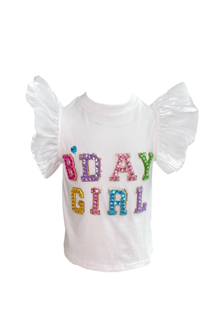 Birthday Girl Gem Ruffle Shirt with Age on Back, Alternate, color, White