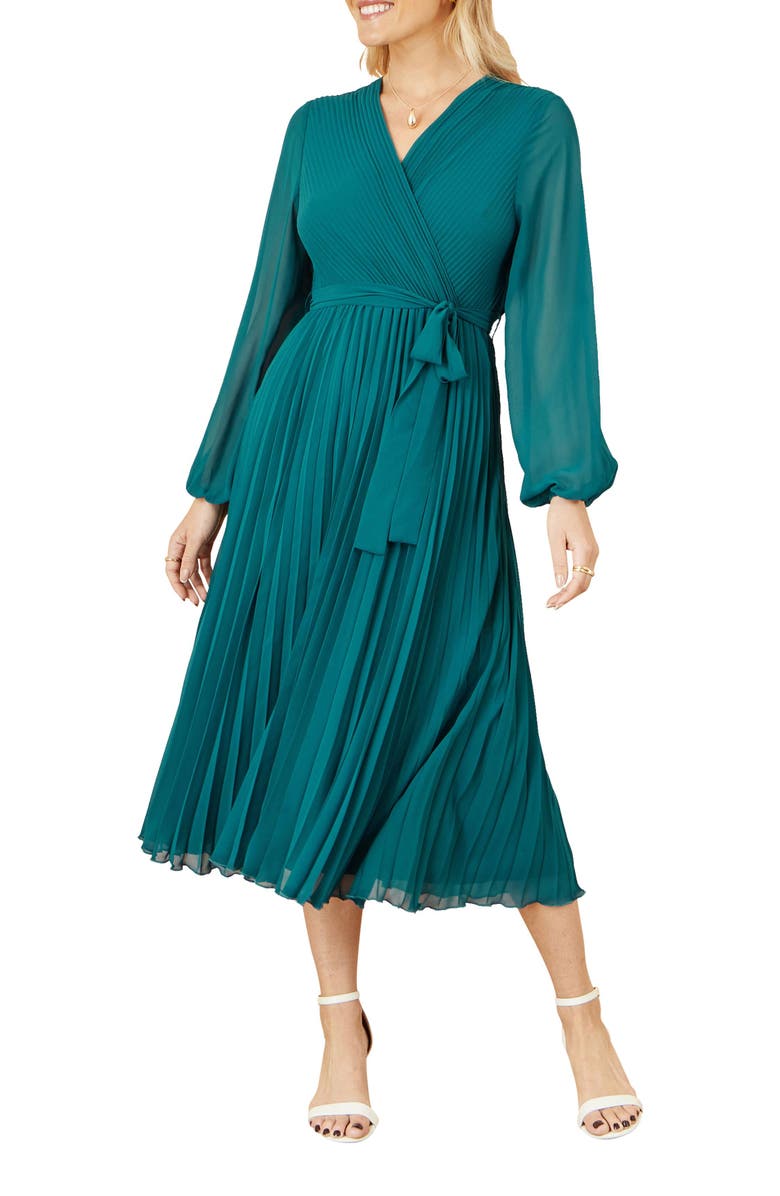 Yumi Long Sleeved Pleated Midi Wrap Dress, Alternate, color, Teal
