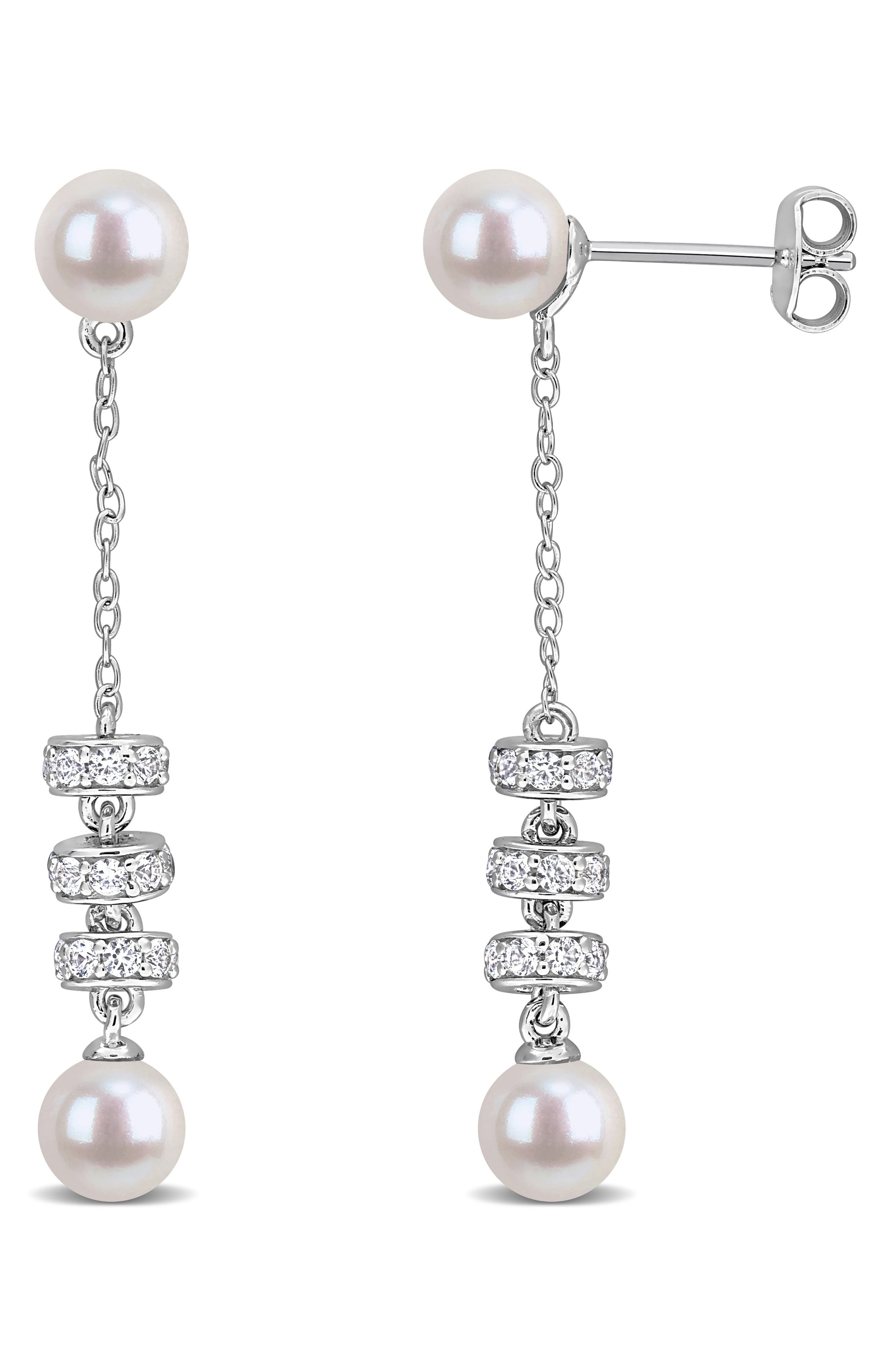 Cultured Pearl & White Sapphire Drop Earrings
