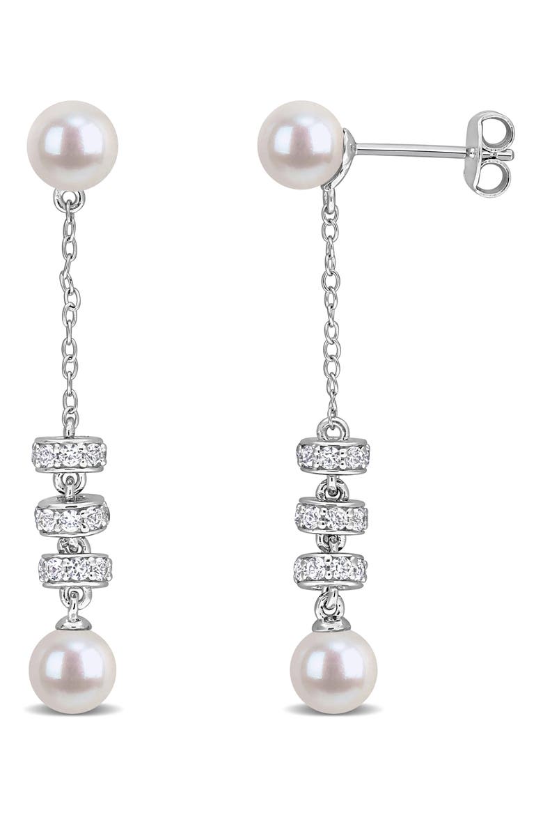 Cultured Pearl & White Sapphire Drop Earrings, Main, color, WHITE