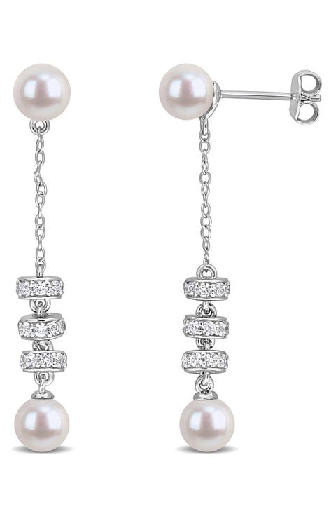 Cultured Pearl & White Sapphire Drop Earrings