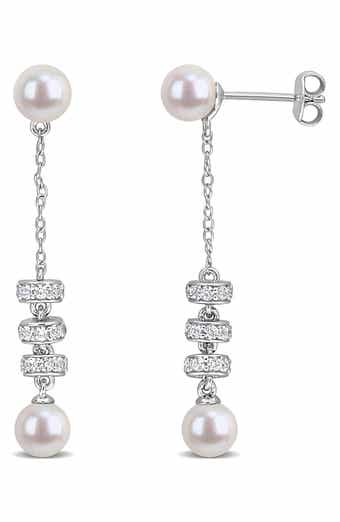 Cultured Pearl & White Sapphire Drop Earrings
