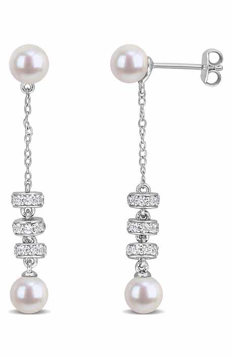 Cultured Pearl & White Sapphire Drop Earrings