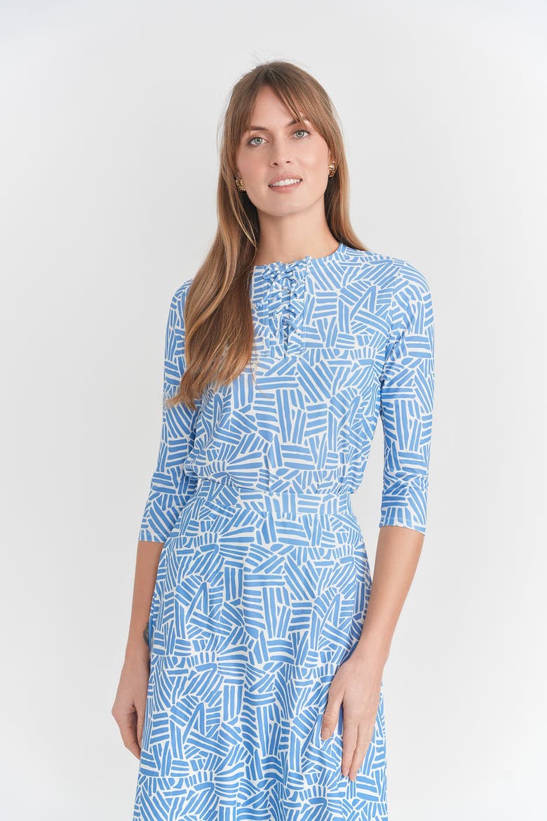 Geo Swim Round Neck Three Quarter Sleeve Top, Alternate, color, Blue