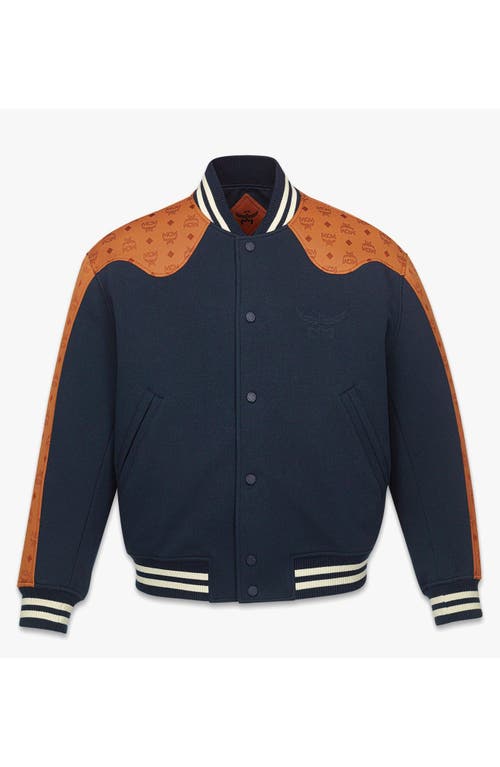 Mcm Ponte Varsity Monogram Bomber Jacket In Blue