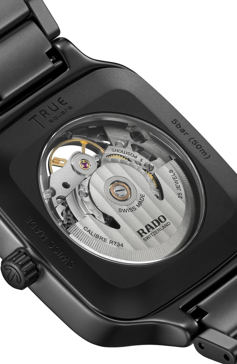 RADO True Square Skeleton Automatic Ceramic Bracelet Watch, 38mm, Alternate, color, Black