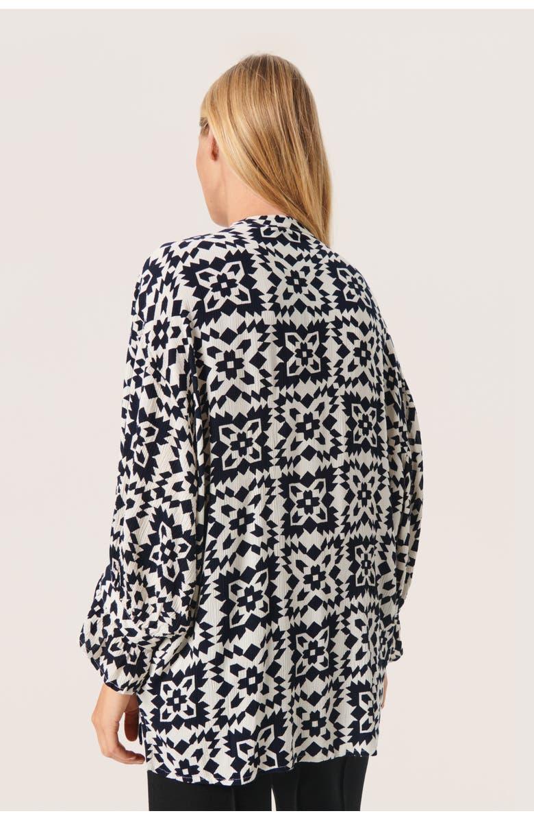 Soaked in Luxury Zaya 3/4 Sleeves V-Notch Neck Blouse, Alternate, color, White And Navy Folklore