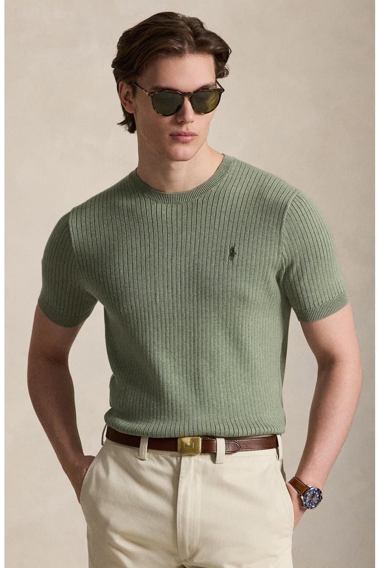Ribbed Short Sleeve Cotton Sweater, Alternate, color, FERN GREEN HEATHER