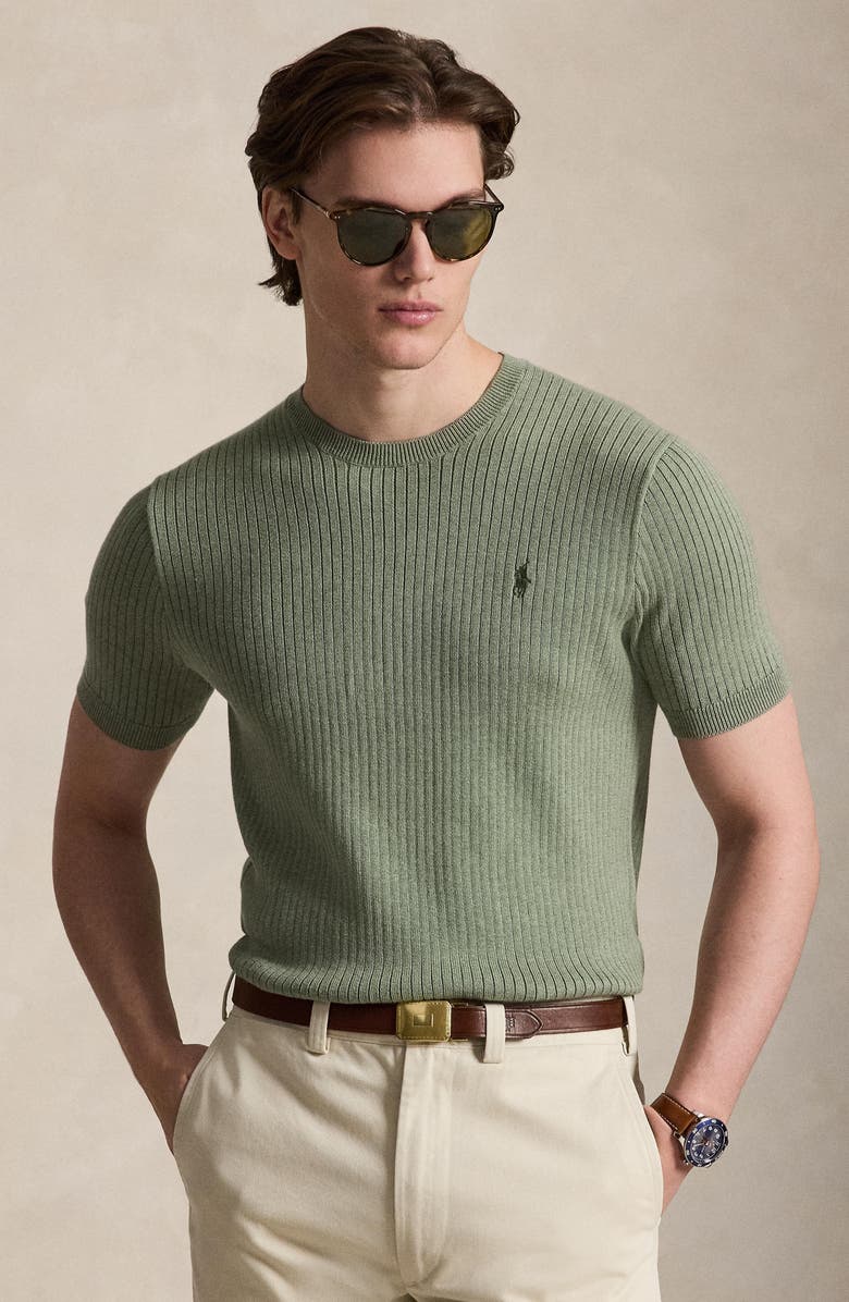 Polo Ralph Lauren Ribbed Short Sleeve Cotton Sweater, Alternate, color, Fern Green Heather