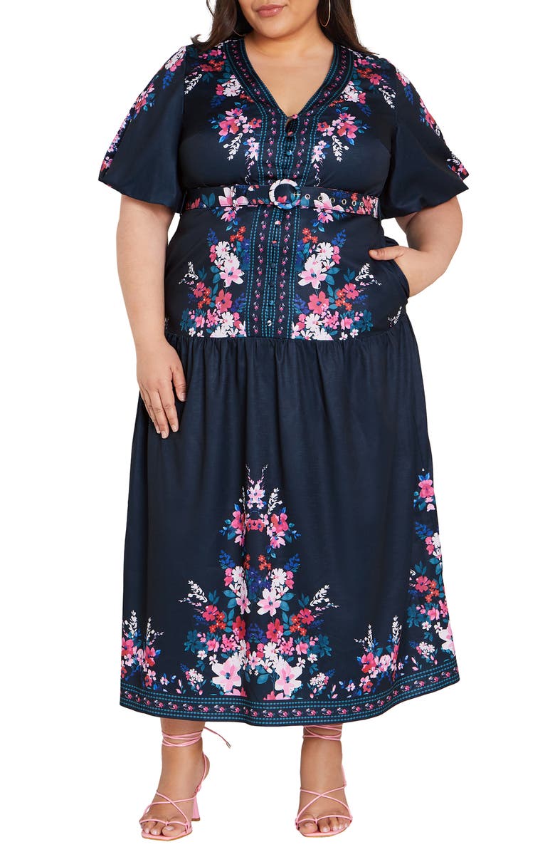 City Chic Zuri Floral Belted Midi Dress, Main, color, 