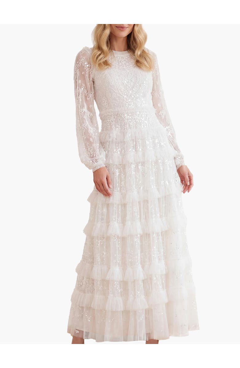 Needle & Thread Blossom Long Sleeve Lace Ankle Gown, Main, color, Swan White