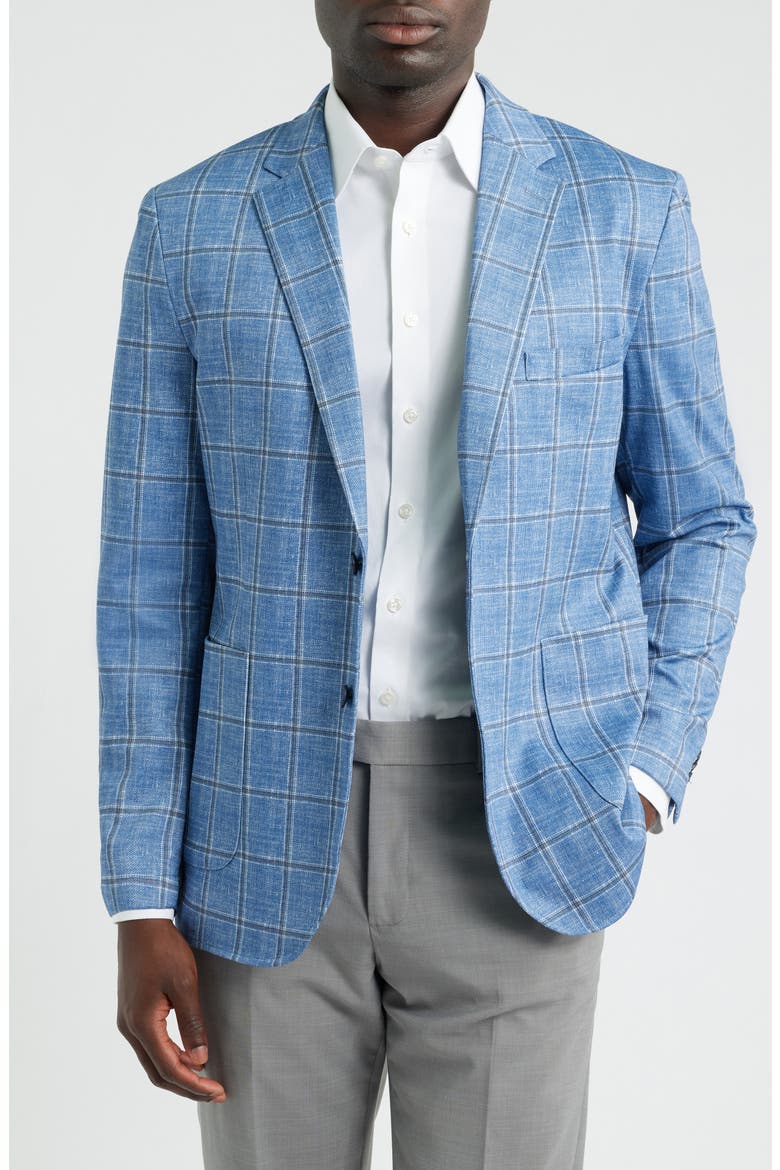 XC Flex® Pinnacle Light Blue Windowpane Check Knit Sport Coat, Main, color, BLUE / TAN SHADOW PLAID