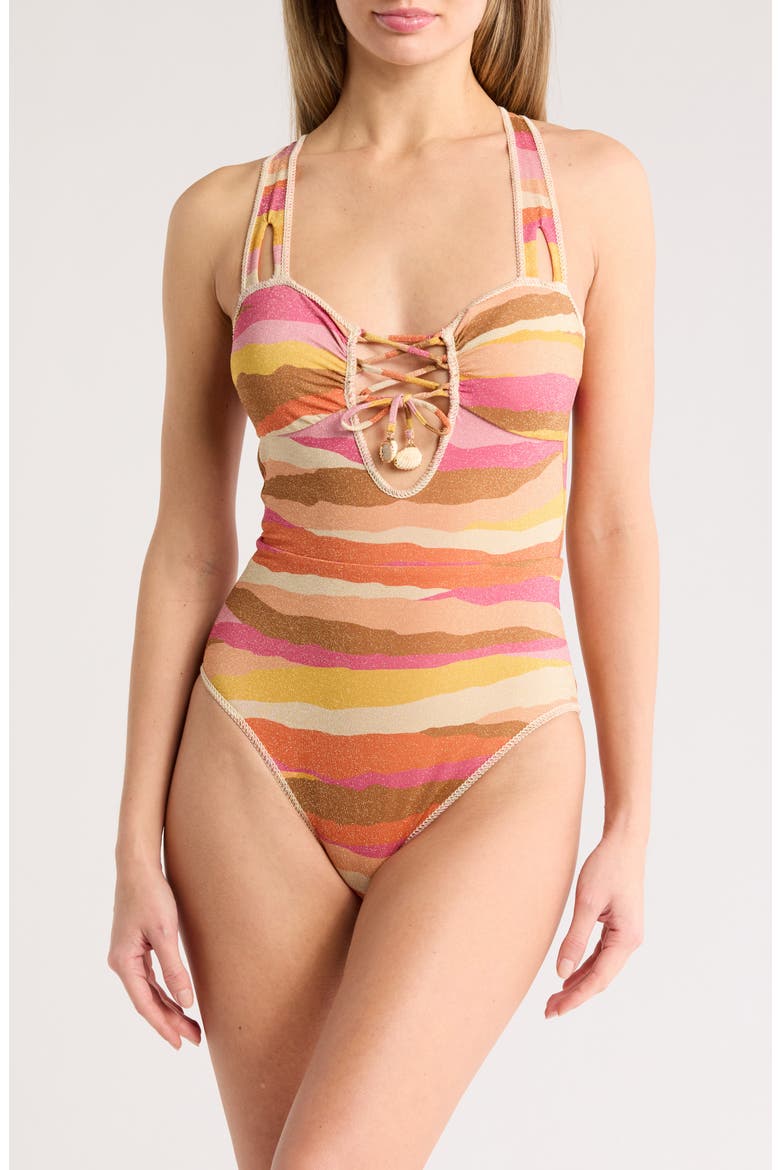 Canyon Sunset Corset One-Piece Swimsuit, Main, color, MULTI/ CORAL (MCO)