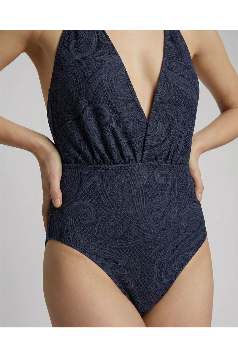 Crochet Paisley Womens Halter One-Piece Swimsuit, Alternate, color, Crochet Paisley Caviar