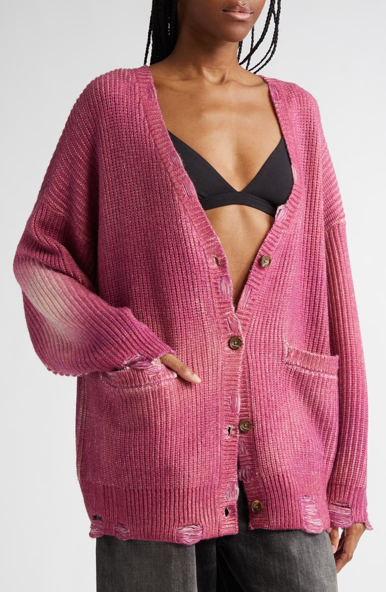 R13 Ripped Oversize Merino Wool Cardigan, Alternate, color, Raspberry Print