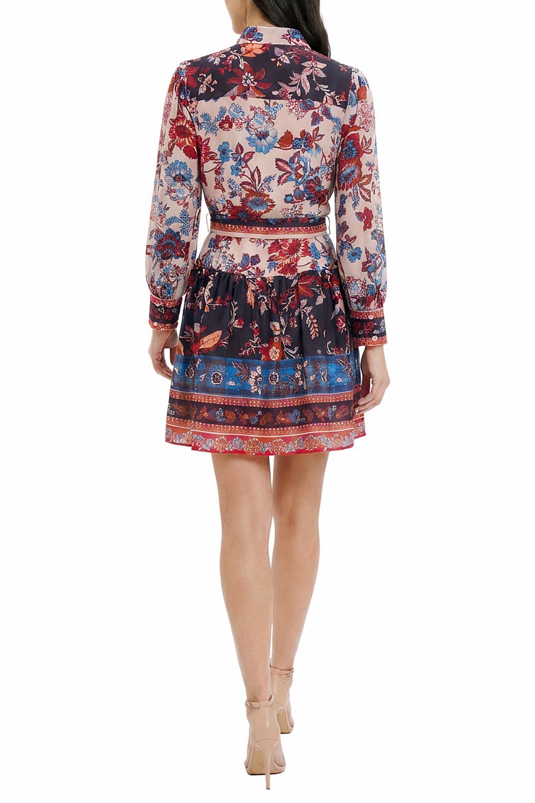 Print Tie Waist Long Sleeve Shirtdress, Alternate, color, CREAM/TURQ
