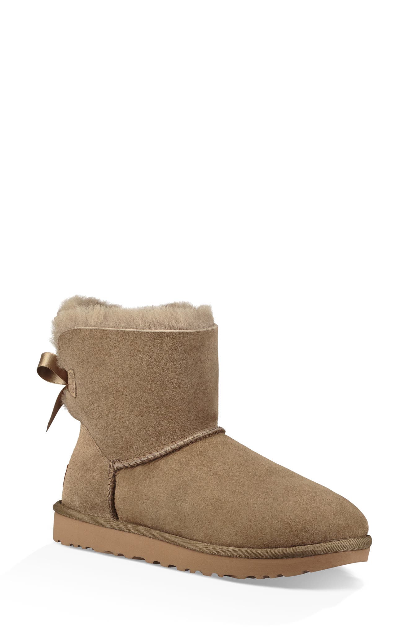 Mini Bailey Bow II Genuine Shearling Bootie, Main, color, ANTELOPE SUEDE