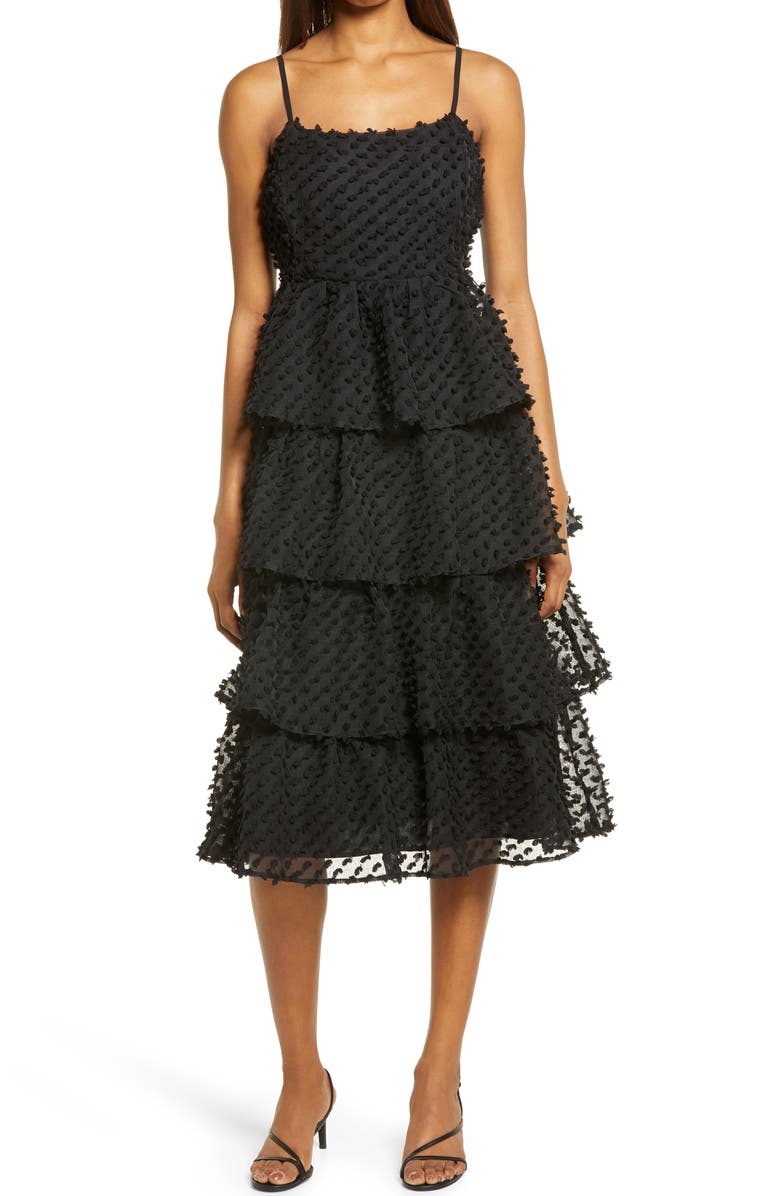 Lulus Flirting with You Pompom Tiered Ruffle Cotton Blend Dress, Main, color,