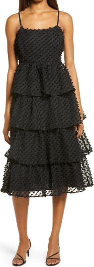 Lulus Flirting with You Pompom Tiered Ruffle Cotton Blend Dress | Nordstrom