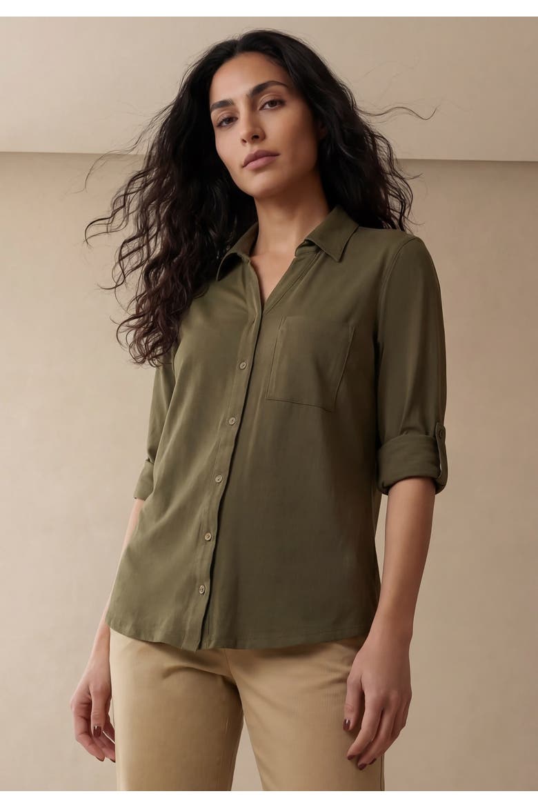 Collar Roll Tab Top, Main, color, DARK OLIVE GREEN