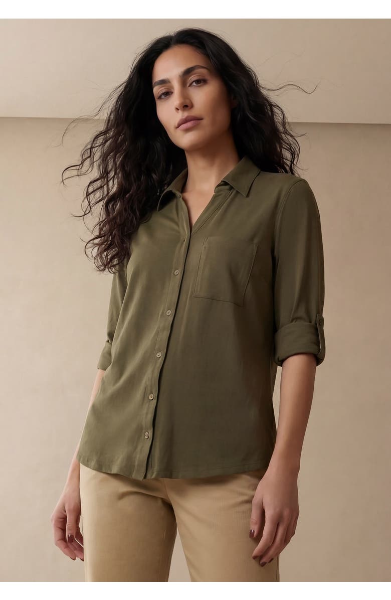 Jessica London Collar Roll Tab Top, Main, color, Dark Olive Green