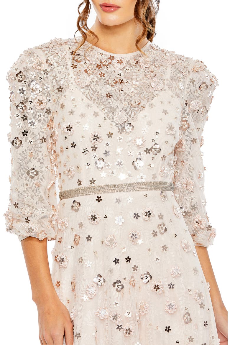 Women's Floral Applique Puff Sleeve High Neck A-Line Gown, Alternate, color, BLUSH