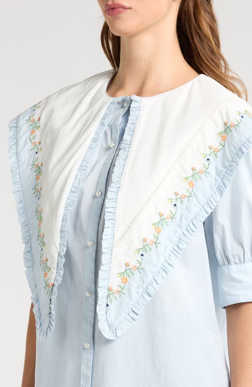Damson Madder Summer Sandy Embroidered Collar Organic Cotton Short Sleeve Button-up Sshirt In Blue/white