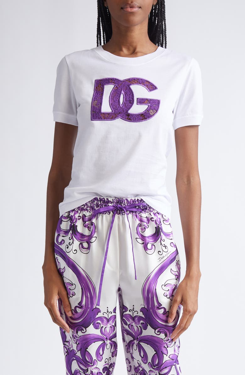 Dolce&Gabbana Lace Inset Jersey Logo T-Shirt, Main, color, W0800 Bianco Ottico