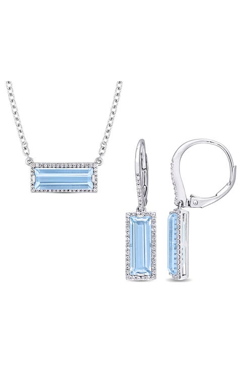 Sky Blue Topaz & White Topaz Drop Earrings & Pendant Necklace Set
