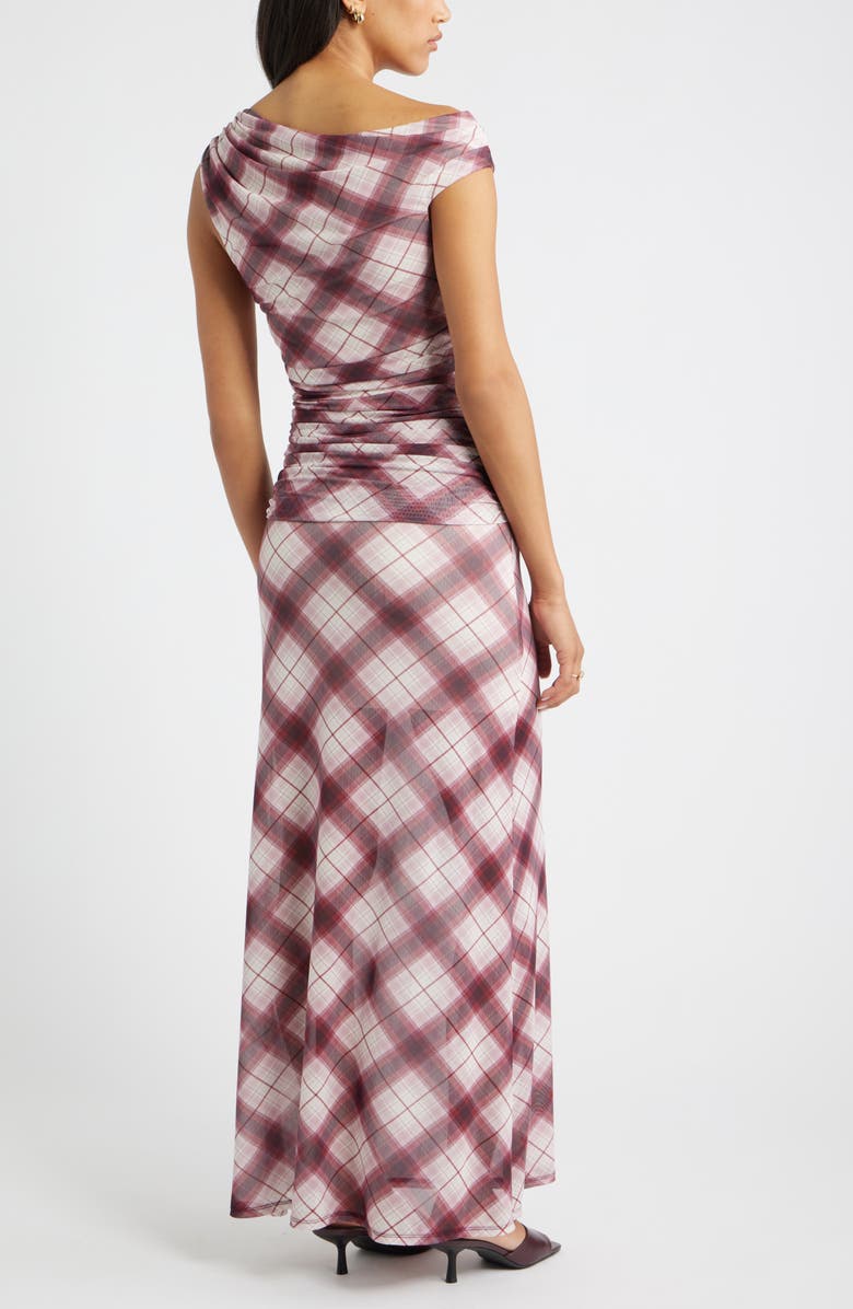 Open Edit One-Shoulder Mesh Maxi Dress, Alternate, color, Ivory- Red Reese Plaid