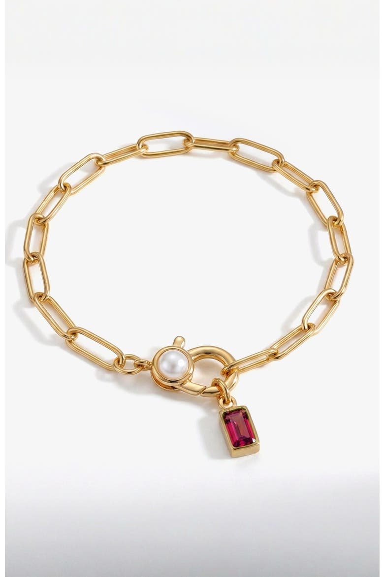 Paperclip Bracelet with Pearl Accent with Dainty Baguette Birthstone Charm, Main, color, July Ruby