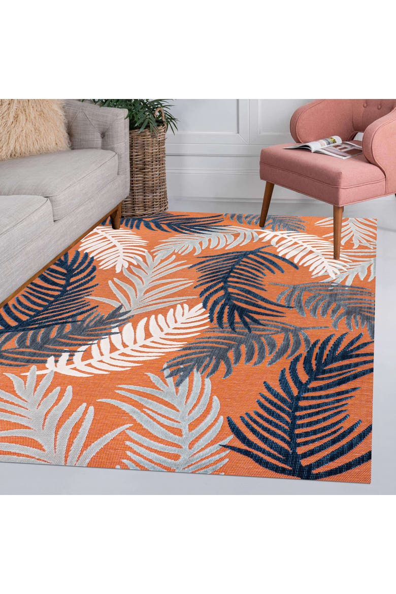 Montego High-Low Tropical Palm Indoor/Outdoor Area Rug, Alternate, color, Orange/Navy/Ivory