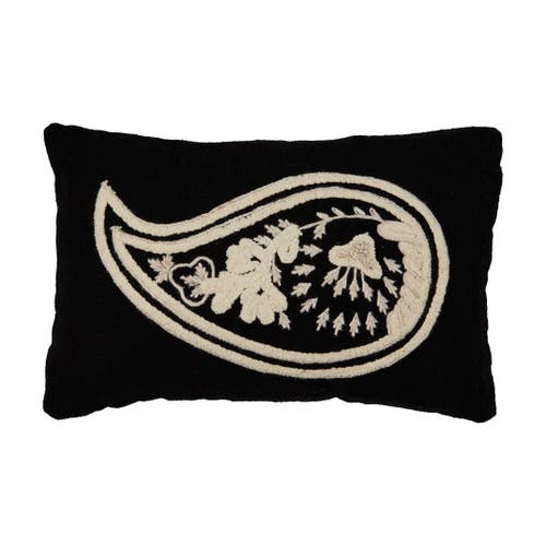 Storied Home Woven Cotton Slub Lumbar Pillow With Embroidered Paisley In Black