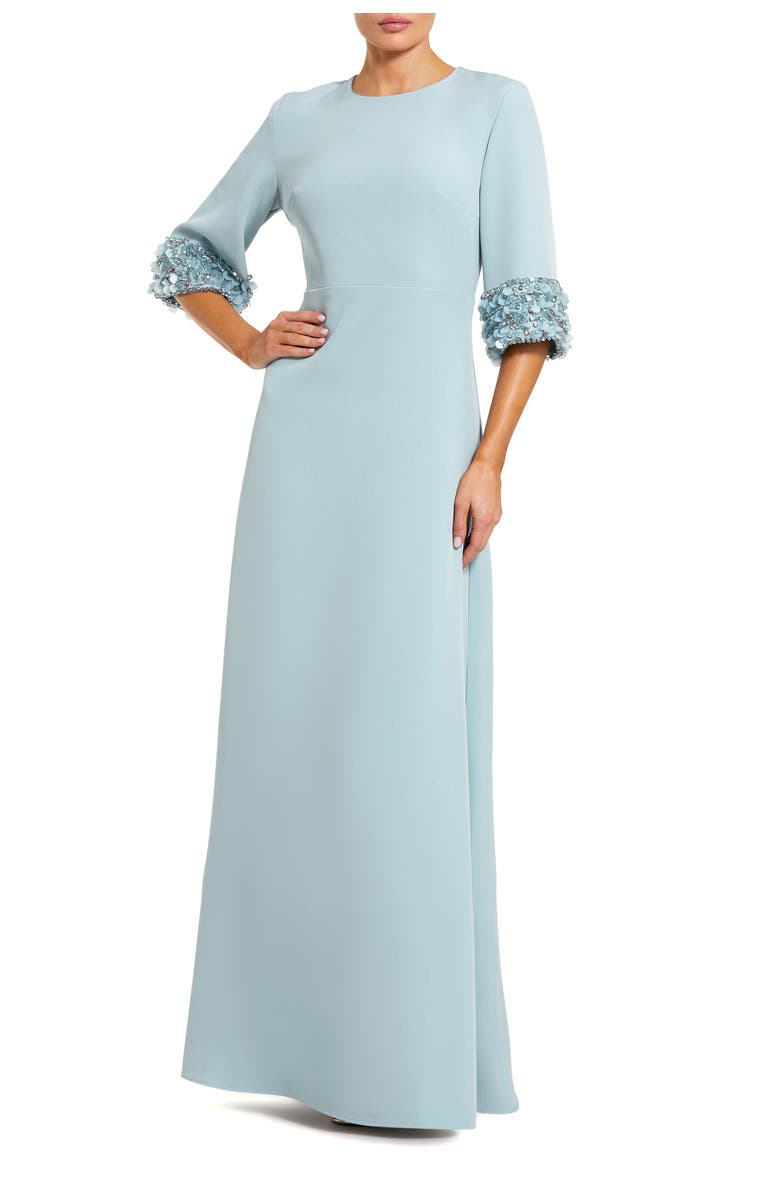 Mac Duggal A-Line Crepe Gown With Embellished 3/4 Sleeves, Main, color, French Blue